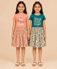 Girls Printed Half Sleeve Cotton Contrast Frock Dress | Floral Knee Length Casual Wear for Kids | Age - 5 to 10 Years | (Pack of 2)