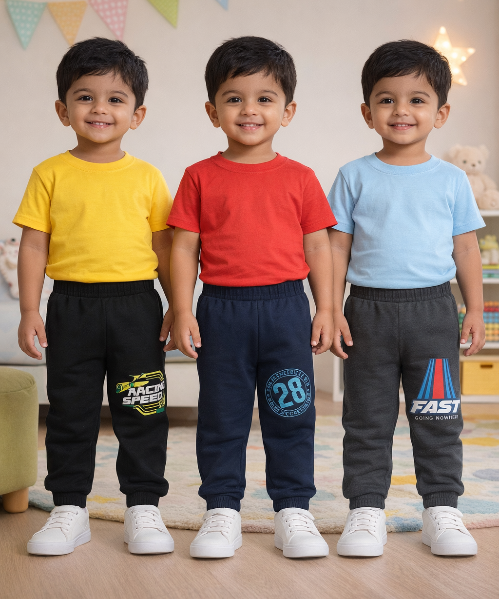 Cotton Track Pant with Bottom Cuff | Random Cartoon Printed | Age 0 to 5 Years (Pack of 3 Pieces)