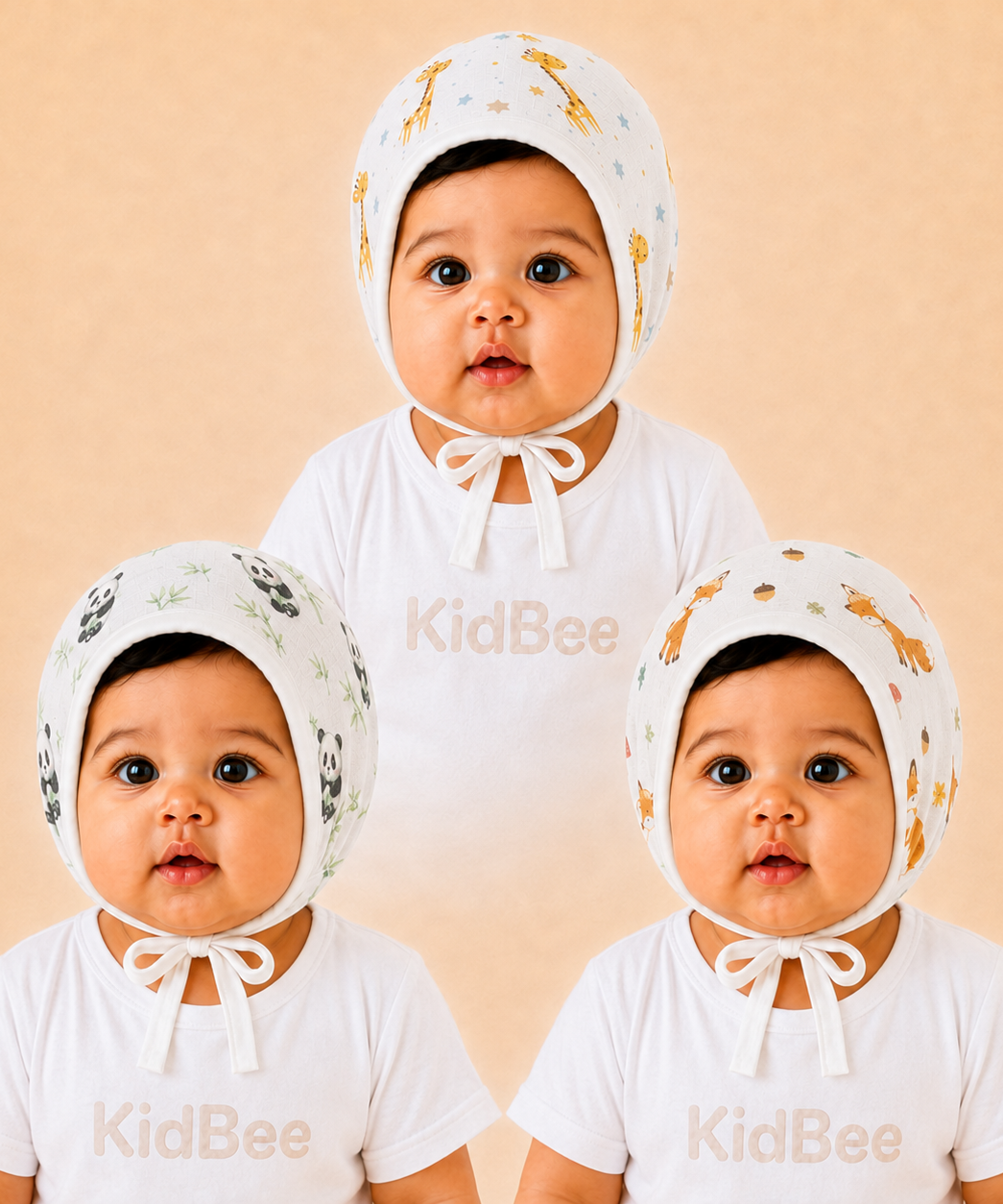 Baby Muslin Cotton Printed Bonnet Cap with Chin Tie – Soft & Comfortable Infant Headwear | 0–12 Months (Pack of 3)