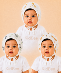 Baby Muslin Cotton Printed Bonnet Cap with Chin Tie – Soft & Comfortable Infant Headwear | 0–12 Months (Pack of 3)