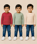 Kids Boys Cotton Stripes Full Sleeve T-shirt | Age 0-3 Years (Pack of 3)