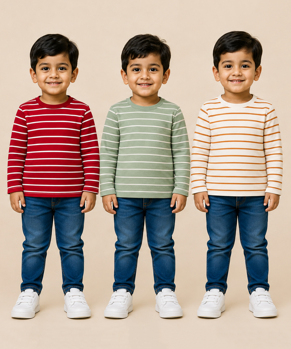Kids Boys Cotton Stripes Full Sleeve T-shirt | Age 0-3 Years (Pack of 3)