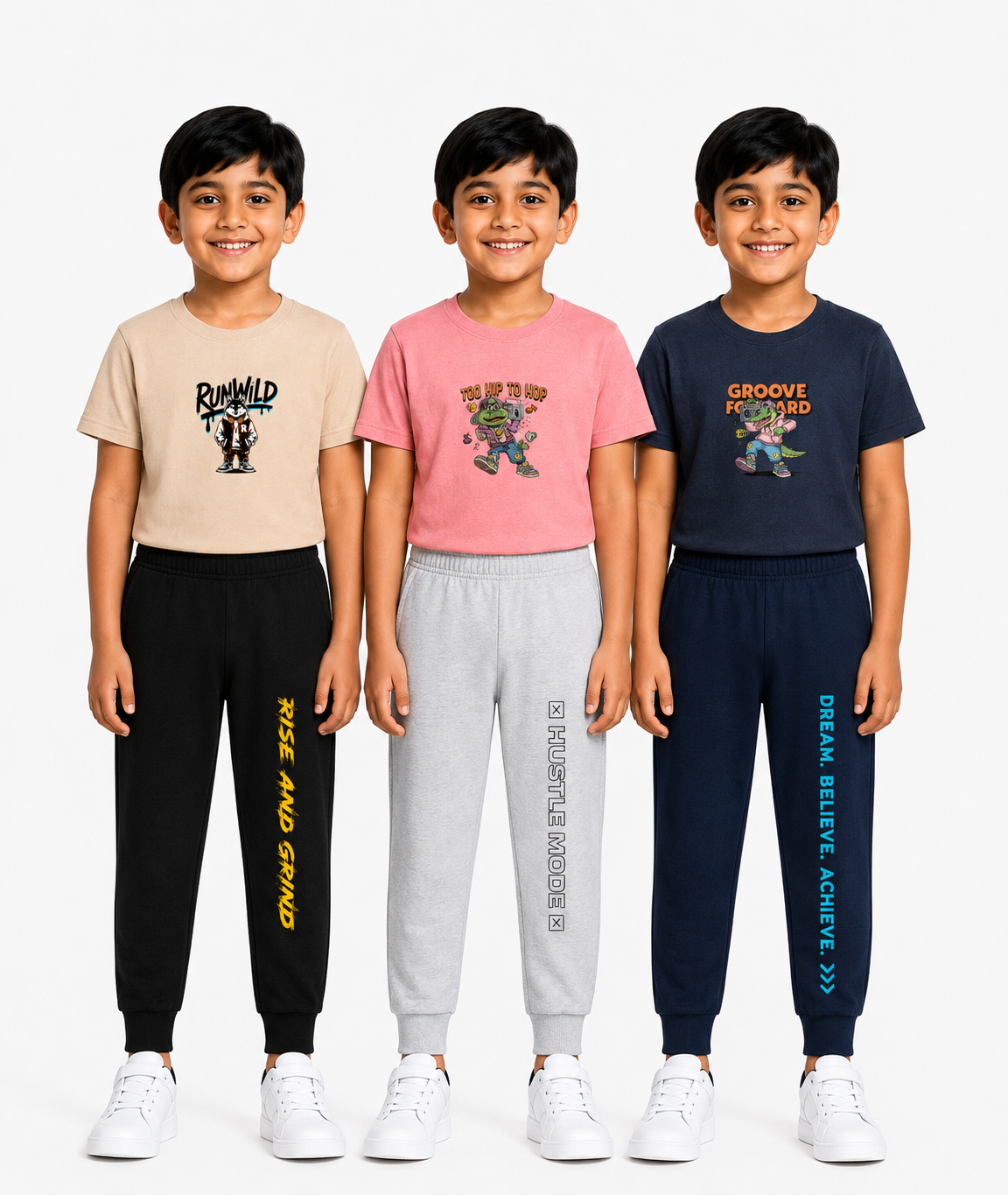 Boys Graphic Printed T-Shirt & Typography Track Pant Co-Ord Set | Age 2-5 Years | Pack Of 3 Set