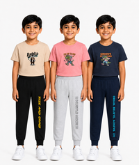Boys Graphic Printed T-Shirt & Typography Track Pant Co-Ord Set | Age 2-5 Years | Pack Of 3 Set