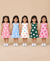 Girls 100% Cotton All Over Printed 2 To 5 Years Gown Dress/Frock Dress (Pack of 5)