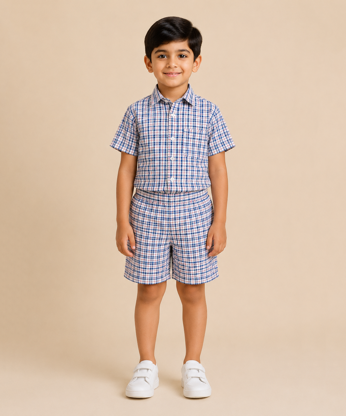 Polyester Checked Shirt and Shorts Set for Boy Kids Casual Wear Half Sleeve Co-Ord Set with Elastic Waist Shorts | Age 6 to 7 Years