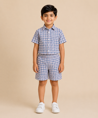 Polyester Checked Shirt and Shorts Set for Boy Kids Casual Wear Half Sleeve Co-Ord Set with Elastic Waist Shorts | Age 6 to 7 Years