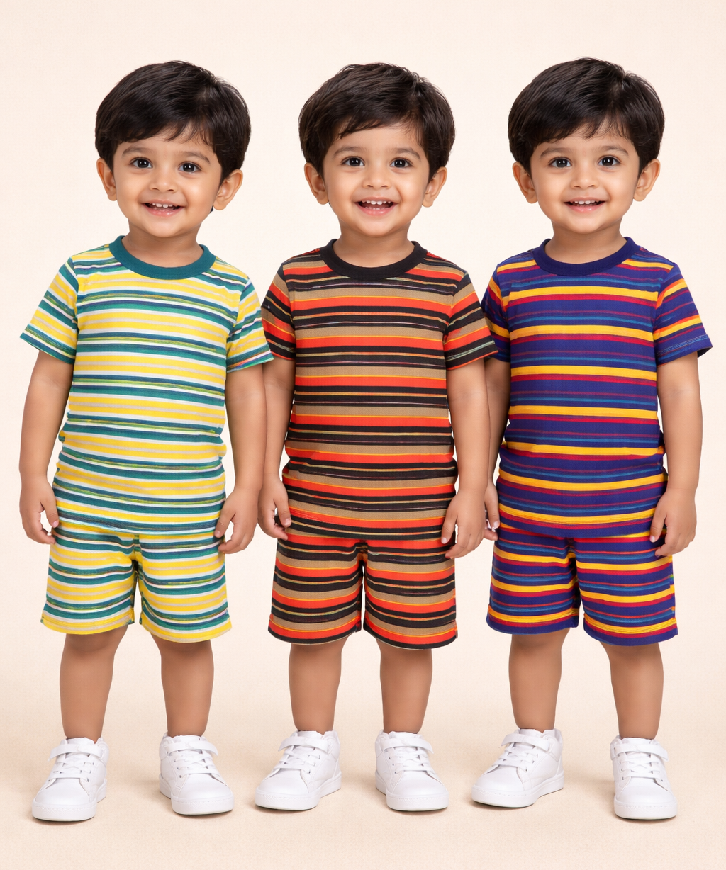 Boys Cotton Stripes Kids Co-ord Set Combo / Age 1-4 Years | T-shirt & Shorts (Combo Set Pack of 3)