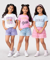 Girls Printed Casual Round Neck T-shirt (Pack of 3 Pieces)