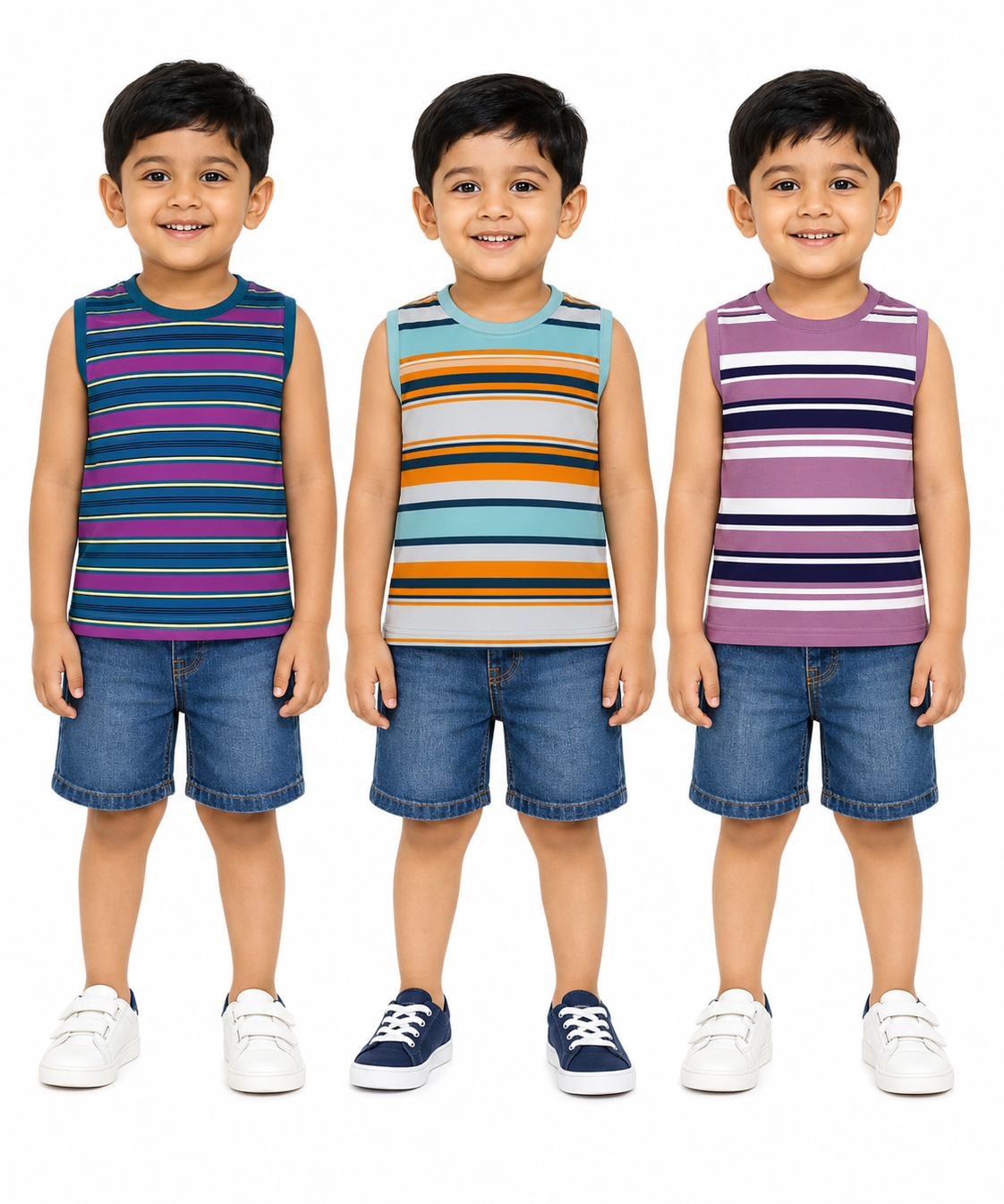 Cotton Stripes Kids Sleeveless Tshirt (Pack of 3)