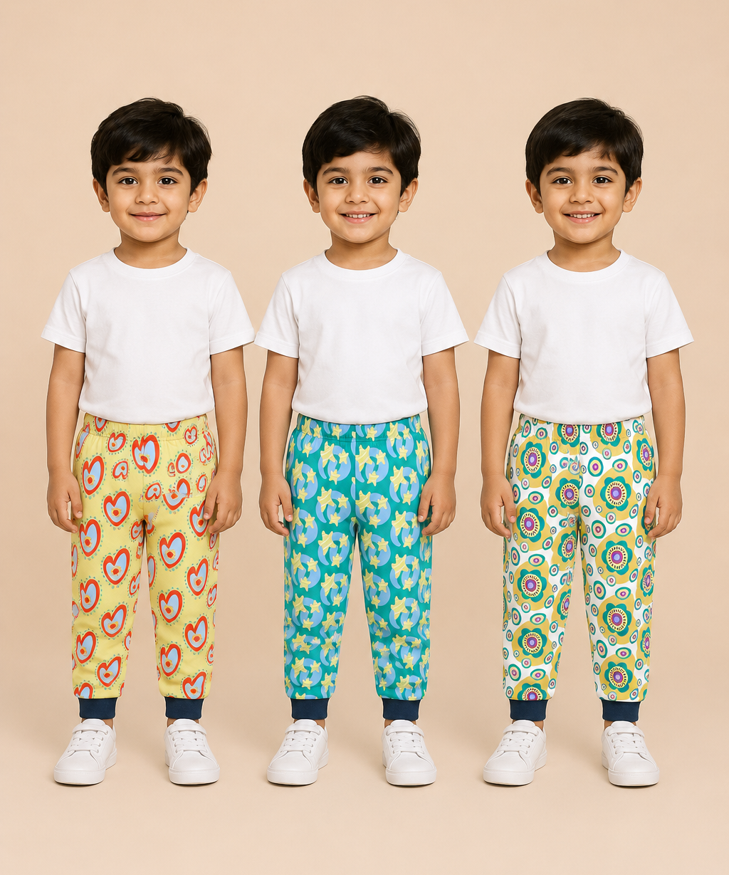 Kids Printed Cotton Track Pants for Boys | Soft Elastic Waist Full Length Joggers | Age 6 Months-5 Years | Pack of 3 Pieces