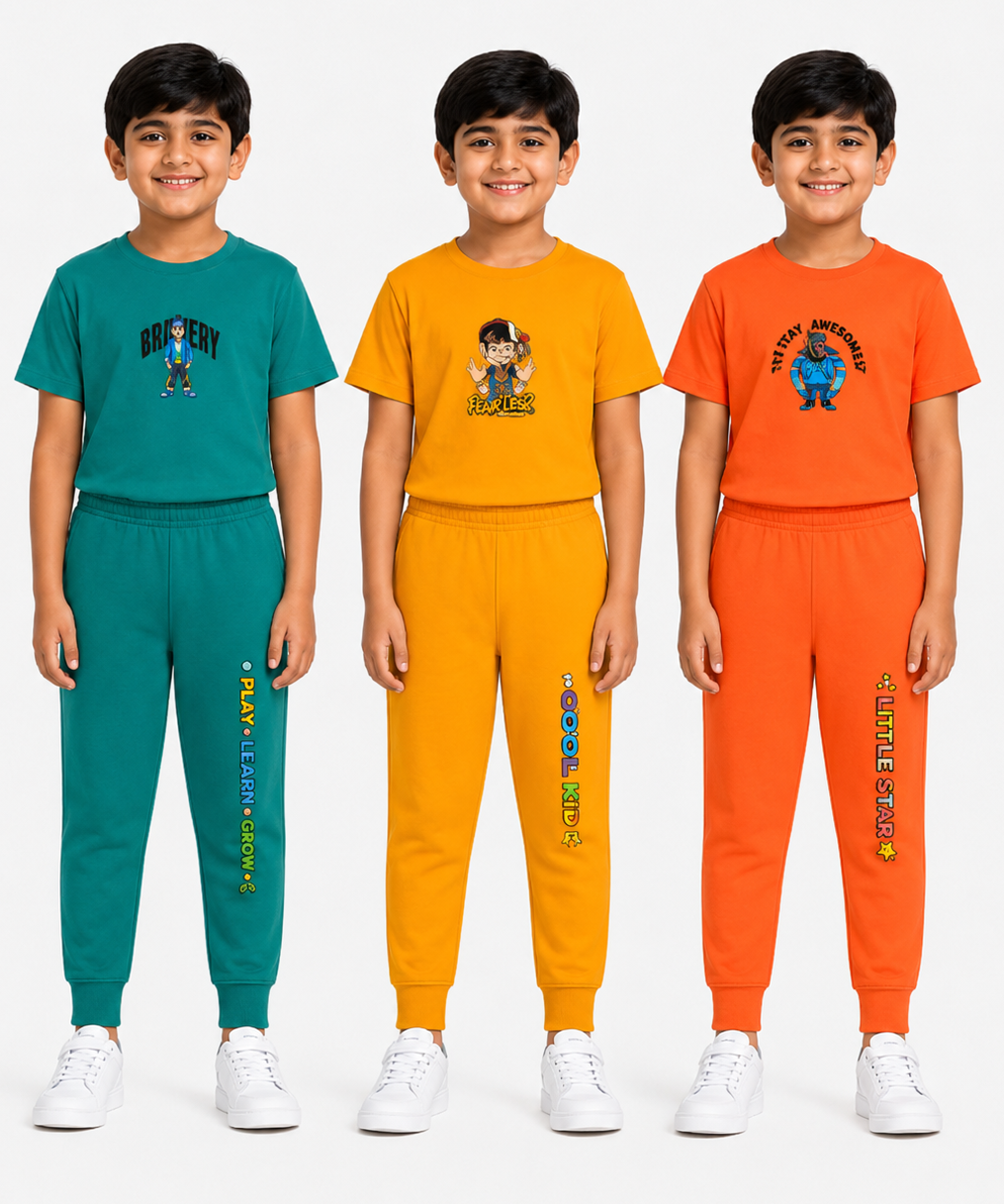 Boys Graphic Printed T-Shirt & Typography Track Pant Co-Ord Set | Age 2-5 Years | Pack Of 3 Set