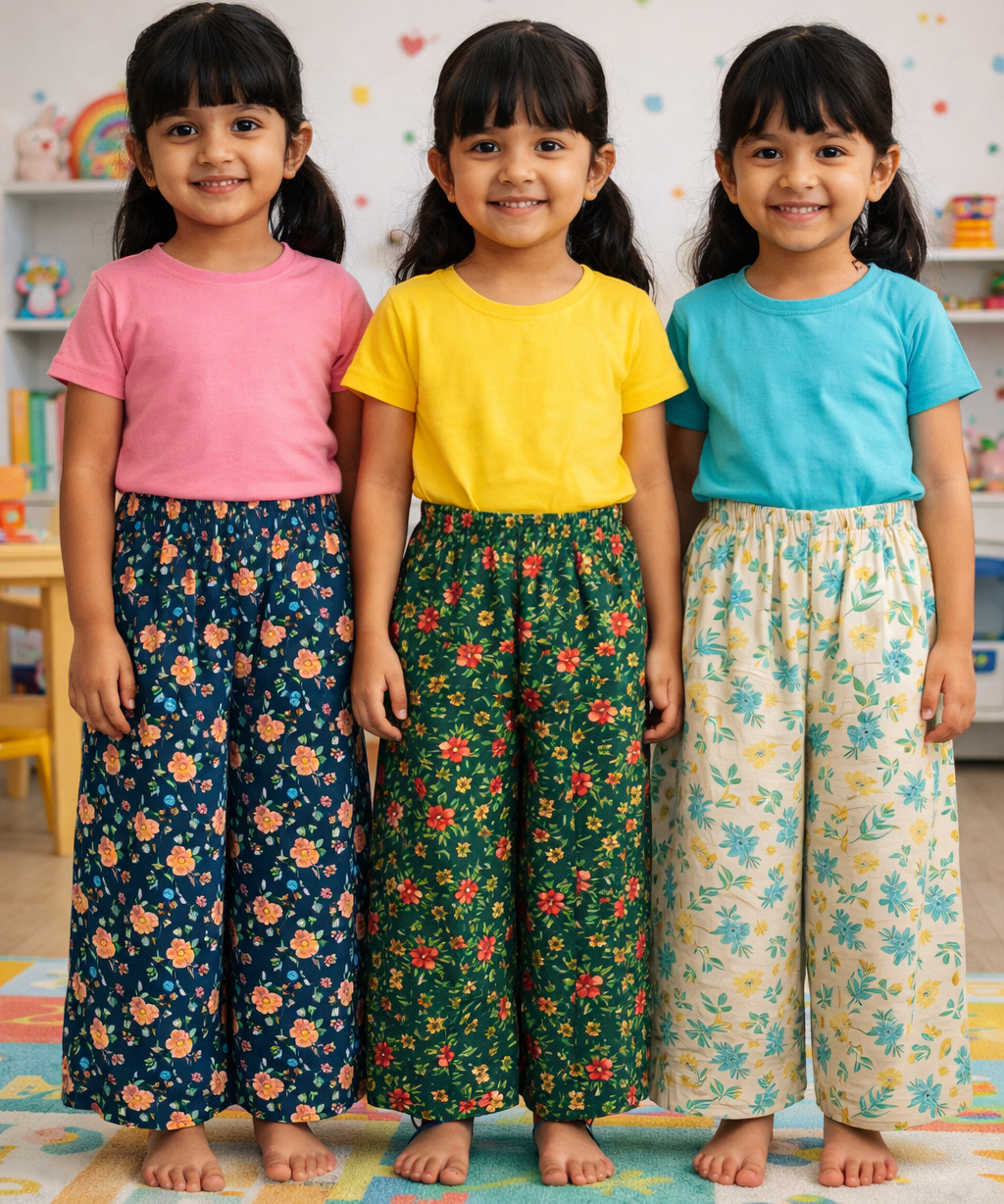 Printed Palazzo Pant | Casual Night wear for Girl Kids Age 4 To 10 Years (Pack of 3)