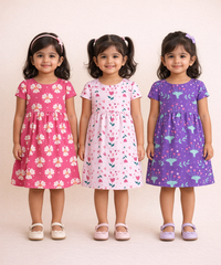 Girl Kids Frock 100% Cotton Floral Printed Gown Dress/Frock Dress | Age 1 to 8 Years (Pack of 3 Pieces)