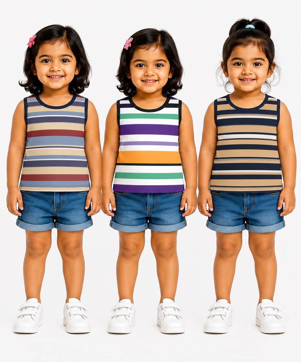 Cotton Stripes Girls Kids Sleeveless Tshirt (Pack of 3)