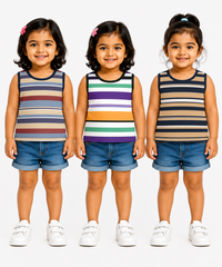 Cotton Stripes Girls Kids Sleeveless Tshirt (Pack of 3)