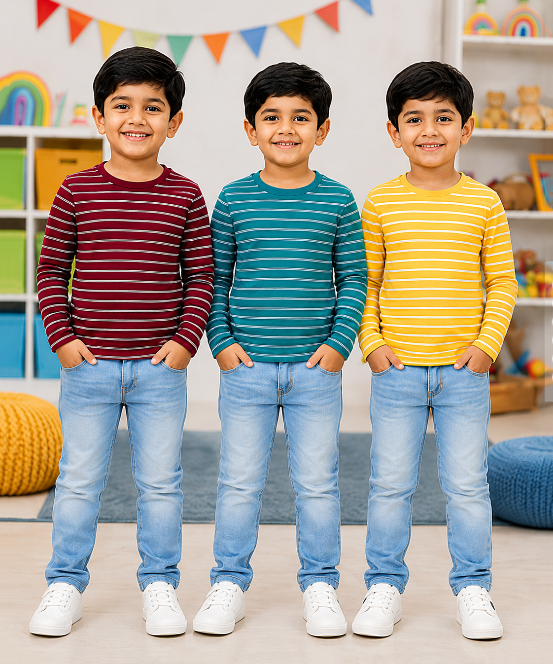 Kids Stripes Full Sleeve Cotton Tshirt | Age 0 to 3 Years (Pack of 3 Pieces)