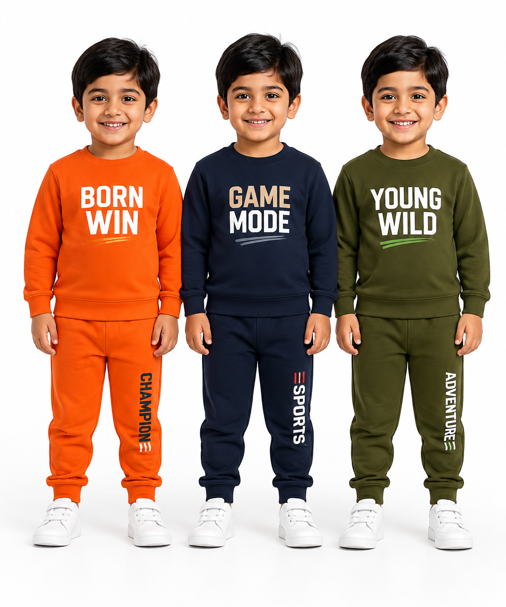 Boys Full Sleeve Cotton Winter Co-Ord Set | Typography Chest Printed Sweatshirt & Jogger Track Pant | Age 1 to 4 Years (Pack of 3 Sets)