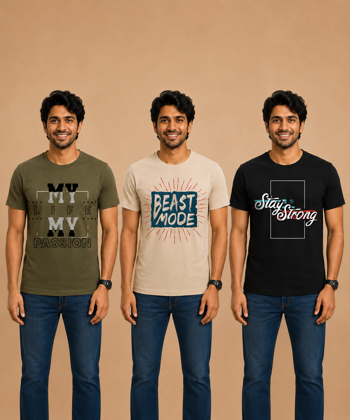Men's Half Sleeve Printed Round Neck T-Shirt Combo (Pack of 3)