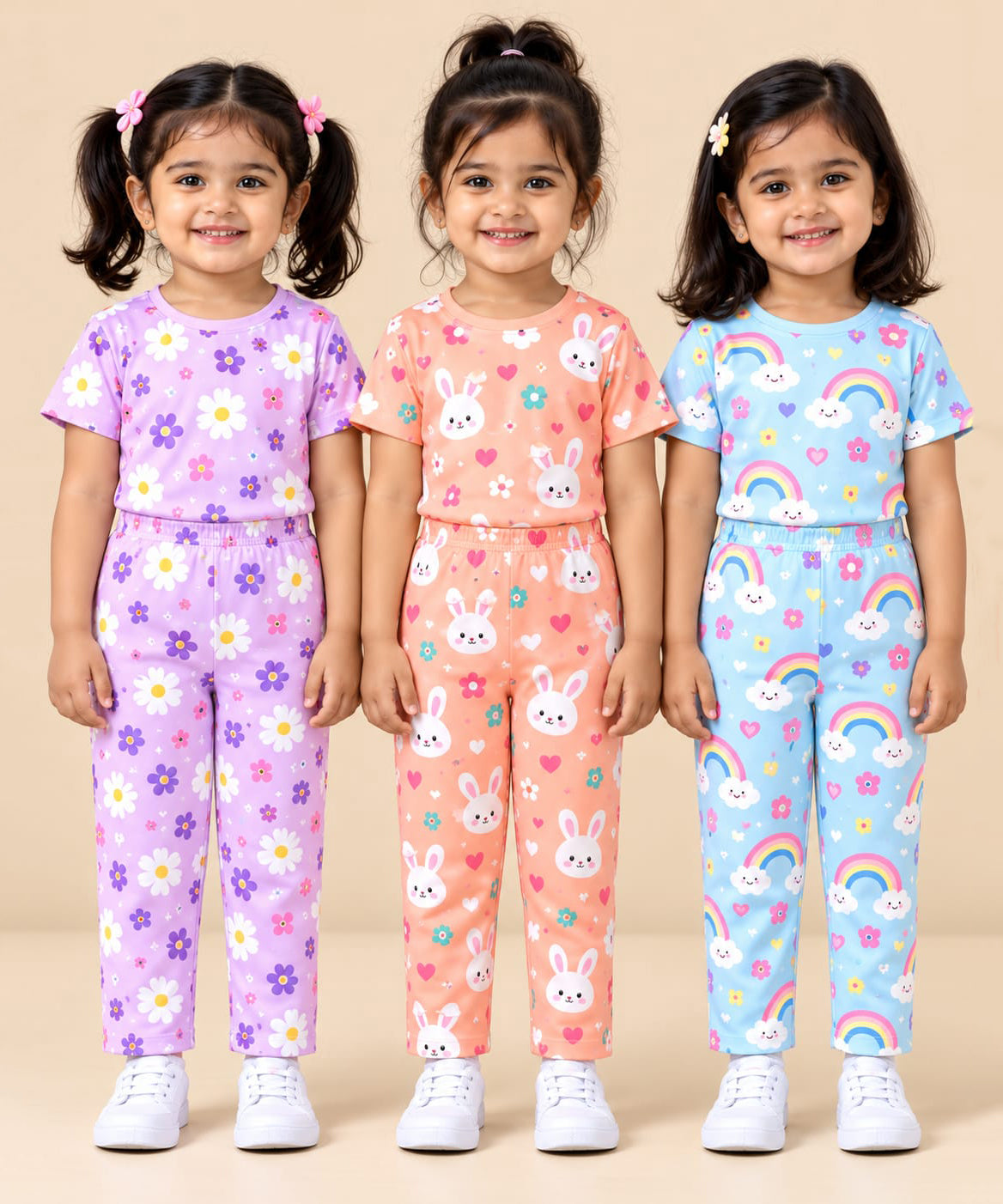 Girl Kids All Over Printed Tshirt and pant Co-ord Set | Age 6 Months to 4 Years (Pack of 3 Sets)