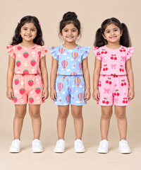 Girls All Over Printed | Flutter Sleeve Tshirt and Shorts Co-ord Set | Age 0 to 3 Years (Pack of 3 Sets)
