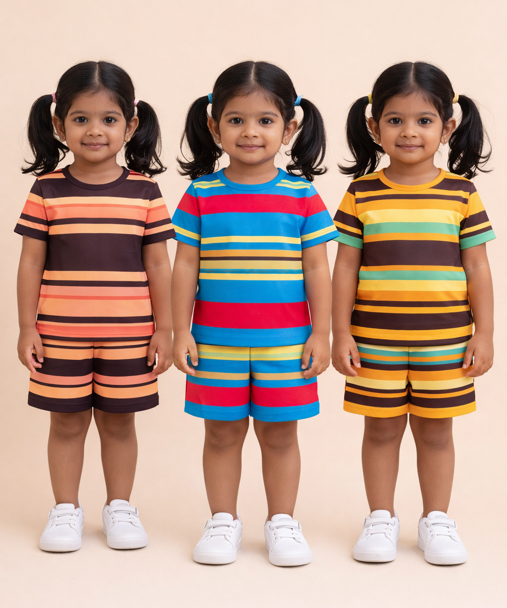 Girls Cotton Stripes Kids Co-ord Set Combo / Age 1-4 Years | T-shirt & Shorts (Combo Set Pack of 3)