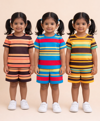 Girls Cotton Stripes Kids Co-ord Set Combo / Age 1-4 Years | T-shirt & Shorts (Combo Set Pack of 3)