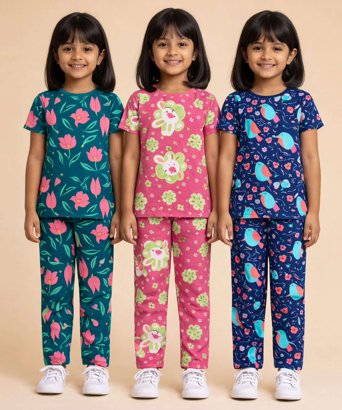 Girl Kids All Over Printed Co-ord Set | Tshirt and Pant | Age 2 to 10 Years (Pack of 3 Sets)