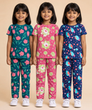 Girl Kids All Over Printed Co-ord Set | Tshirt and Pant | Age 2 to 10 Years (Pack of 3 Sets)