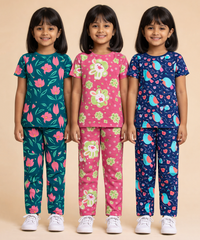Girl Kids All Over Printed Co-ord Set | Tshirt and Pant | Age 2 to 10 Years (Pack of 3 Sets)