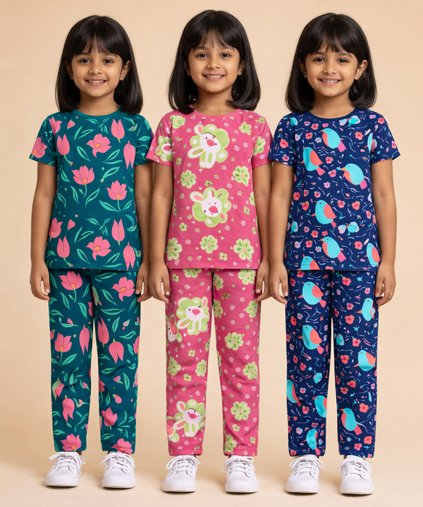 Girl Kids All Over Printed Co-ord Set | Tshirt and Pant | Age 2 to 10 Years (Pack of 3 Sets)