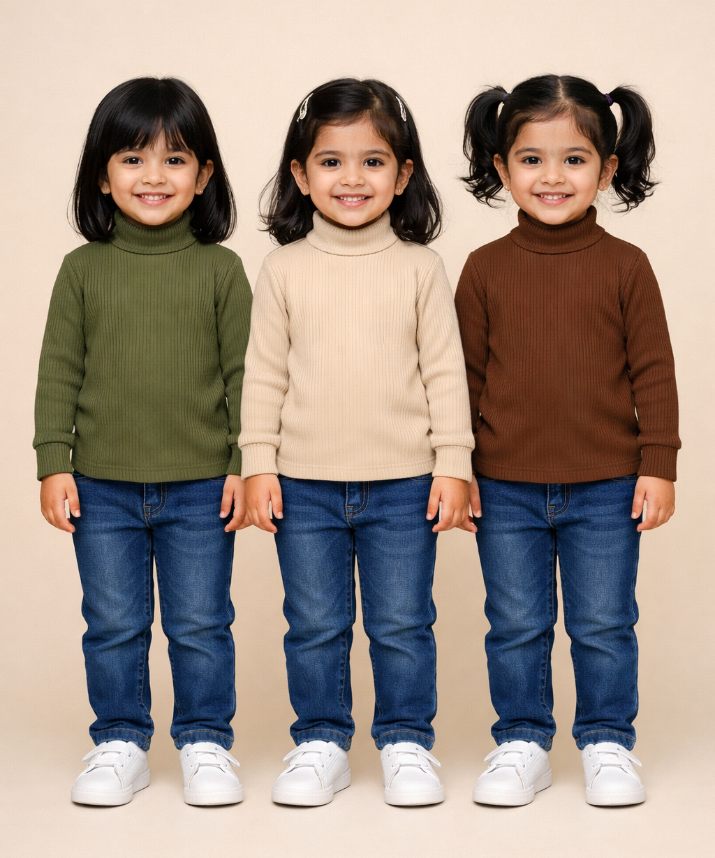 Kids Girls Full Sleeve Hi-Neck Plain Rib T-shirt | Age 0 to 5 Years (Pack of 3)