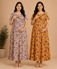 Maternity Feeding Maxi Dress | Nursing Friendly Nighty Style (Pack of 2 Pieces)