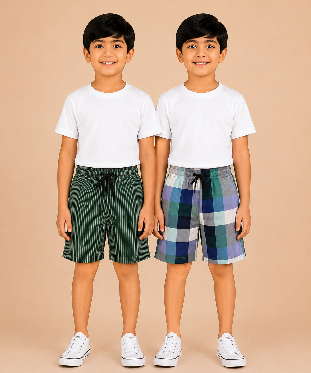Kids Boys Checkered & Printed Cotton Shorts | Age - 5 to 10 Years | Soft Elastic Waist Casual Shorts | Combo Pack of 2 Pieces