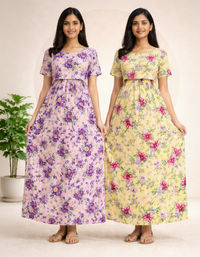 Maternity Feeding Maxi Dress | Nursing Friendly Nighty Style (Pack of 2 Pieces)