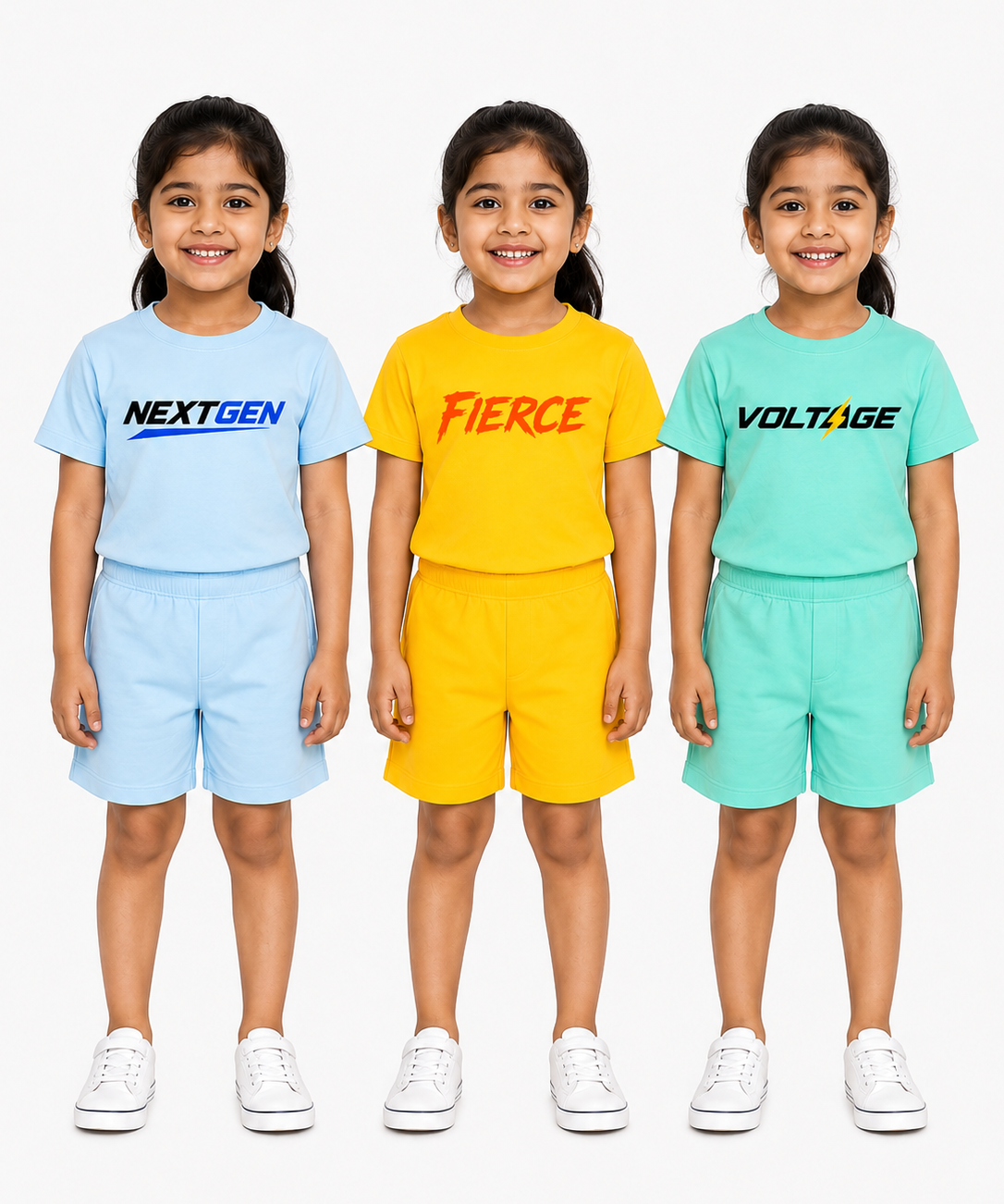 Kids Typography Print T-Shirt & Shorts Co-Ord Set for Girls | Age 6 Months-3 Years | Pack Of 3 Set Combo