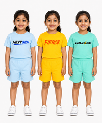 Kids Typography Print T-Shirt & Shorts Co-Ord Set for Girls | Age 6 Months-3 Years | Pack Of 3 Set Combo