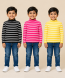Kids Boys Full Sleeve Hi-Neck Stripes Rib T-shirt | Age 9 to 24 Months | Pack of 3 Pieces