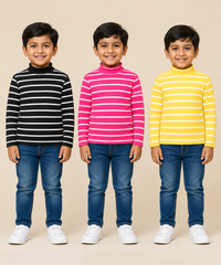 Kids Boys Full Sleeve Hi-Neck Stripes Rib T-shirt | Age 9 to 24 Months | Pack of 3 Pieces