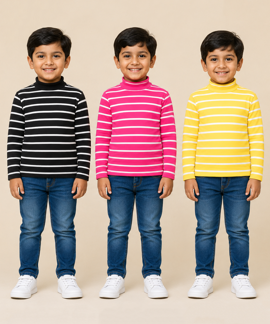 Kids Boys Full Sleeve Hi-Neck Stripes Rib T-shirt | Age 9 to 24 Months | Pack of 3 Pieces