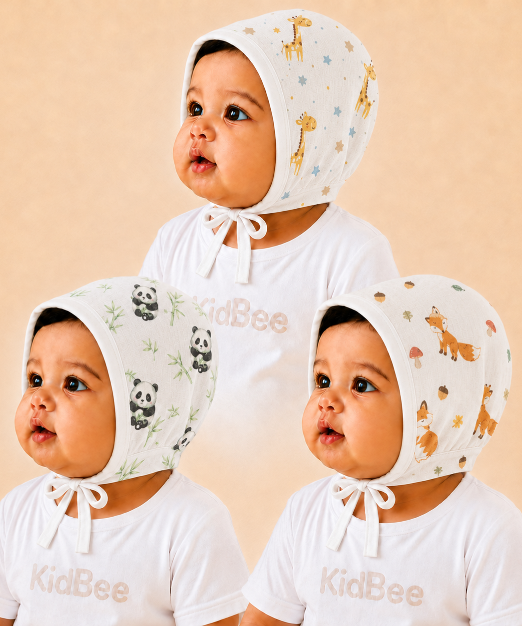 Baby Muslin Cotton Printed Bonnet Cap with Chin Tie – Soft & Comfortable Infant Headwear | 0–12 Months (Pack of 3)