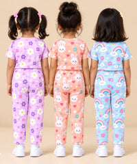 Girl Kids All Over Printed Tshirt and pant Co-ord Set | Age 6 Months to 4 Years (Pack of 3 Sets)