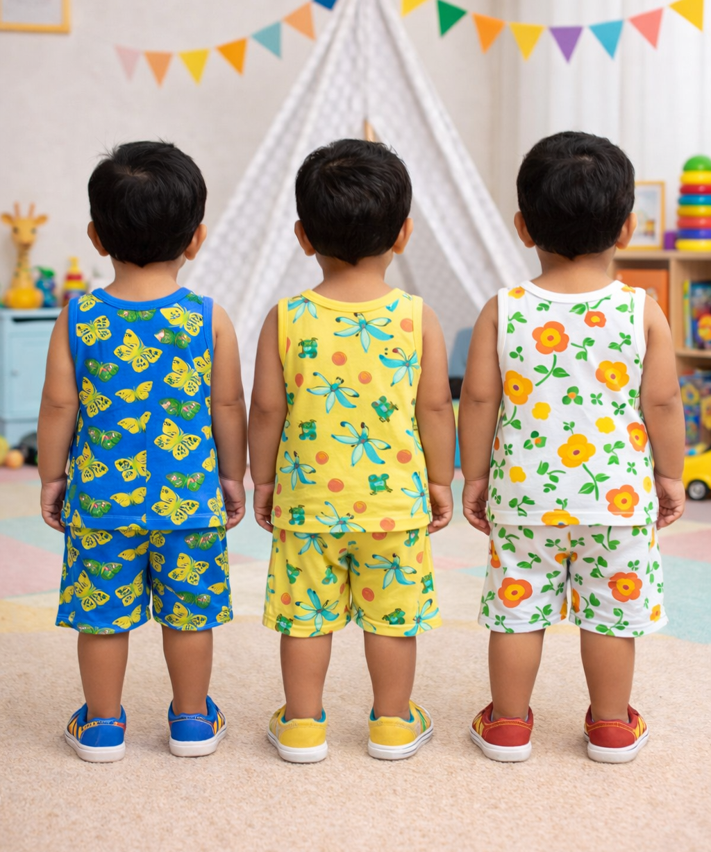 Boys Cotton Cartoon Printed Kids Sleeveless Set Combo | Age 0 to 3 Years | T-shirt & Shorts (Combo Set Pack of 3)