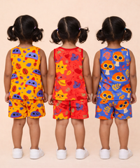 Girls Cotton Cartoon Printed Kids Sleeveless Set Combo | Age 0 to 3 Years | Sleeveless T-shirt & Shorts Co-ord Set (Pack of 3 Sets)
