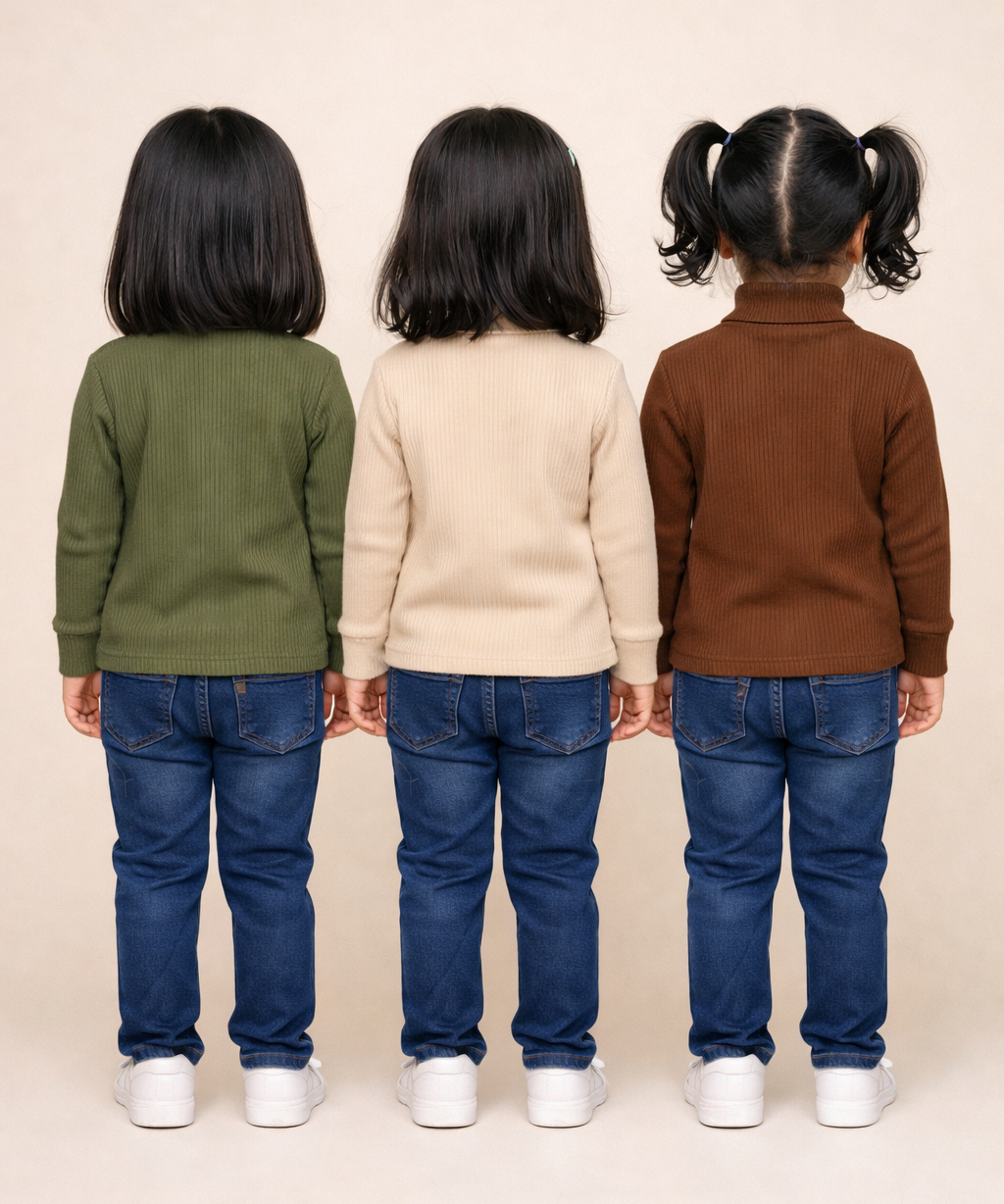 Kids Girls Full Sleeve Hi-Neck Plain Rib T-shirt | Age 0 to 5 Years (Pack of 3)