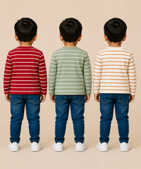 Kids Boys Cotton Stripes Full Sleeve T-shirt | Age 0-3 Years (Pack of 3)