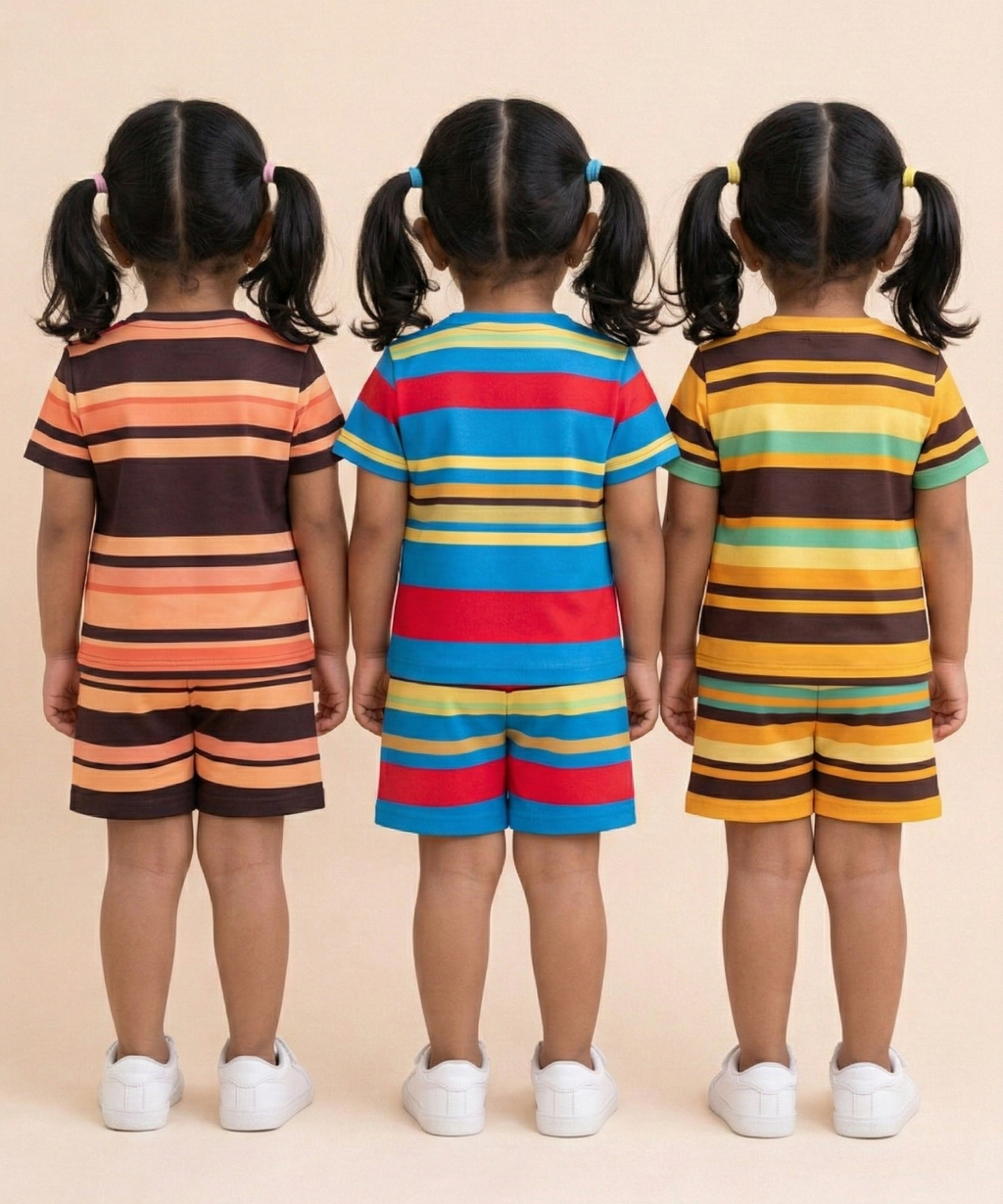 Girls Cotton Stripes Kids Co-ord Set Combo / Age 0-4 Years | T-shirt & Shorts (Combo Set Pack of 3)