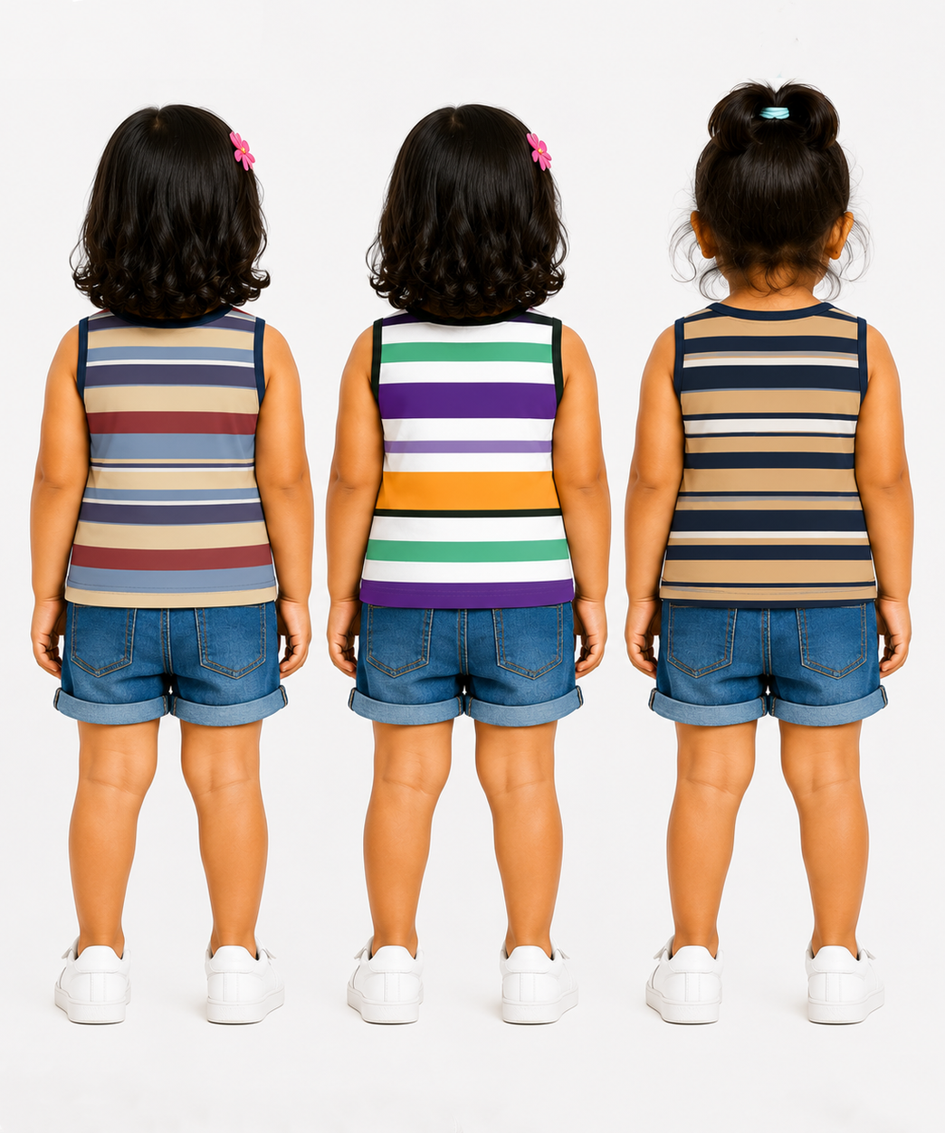 Cotton Stripes Girls Kids Sleeveless Tshirt (Pack of 3)
