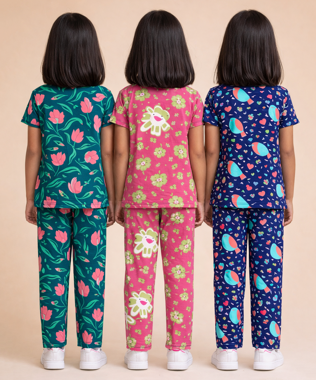Girl Kids All Over Printed Co-ord Set | Tshirt and Pant | Age 2 to 10 Years (Pack of 3 Sets)