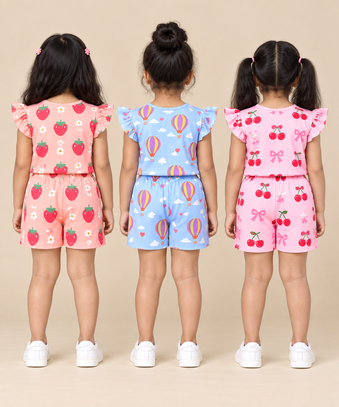 Girls All Over Printed | Flutter Sleeve Tshirt and Shorts Co-ord Set | Age 0 to 3 Years (Pack of 3 Sets)